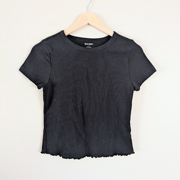 Slim Fit Scallop Hem Waffle Knit Baby Tee Black Crew Neck Cotton Poly Women's M - Picture 1 of 7